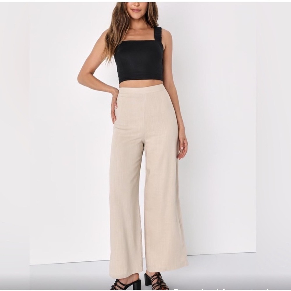 Lulus Wide Leg Tan Khaki Linen Breezy Times Pants Medium New
